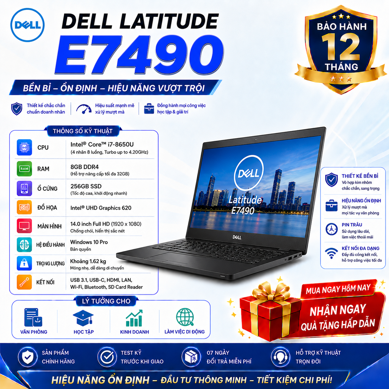 Laptop Dell Latitude E7490/I7-8650U/Ram 8GB/SSD 256GB